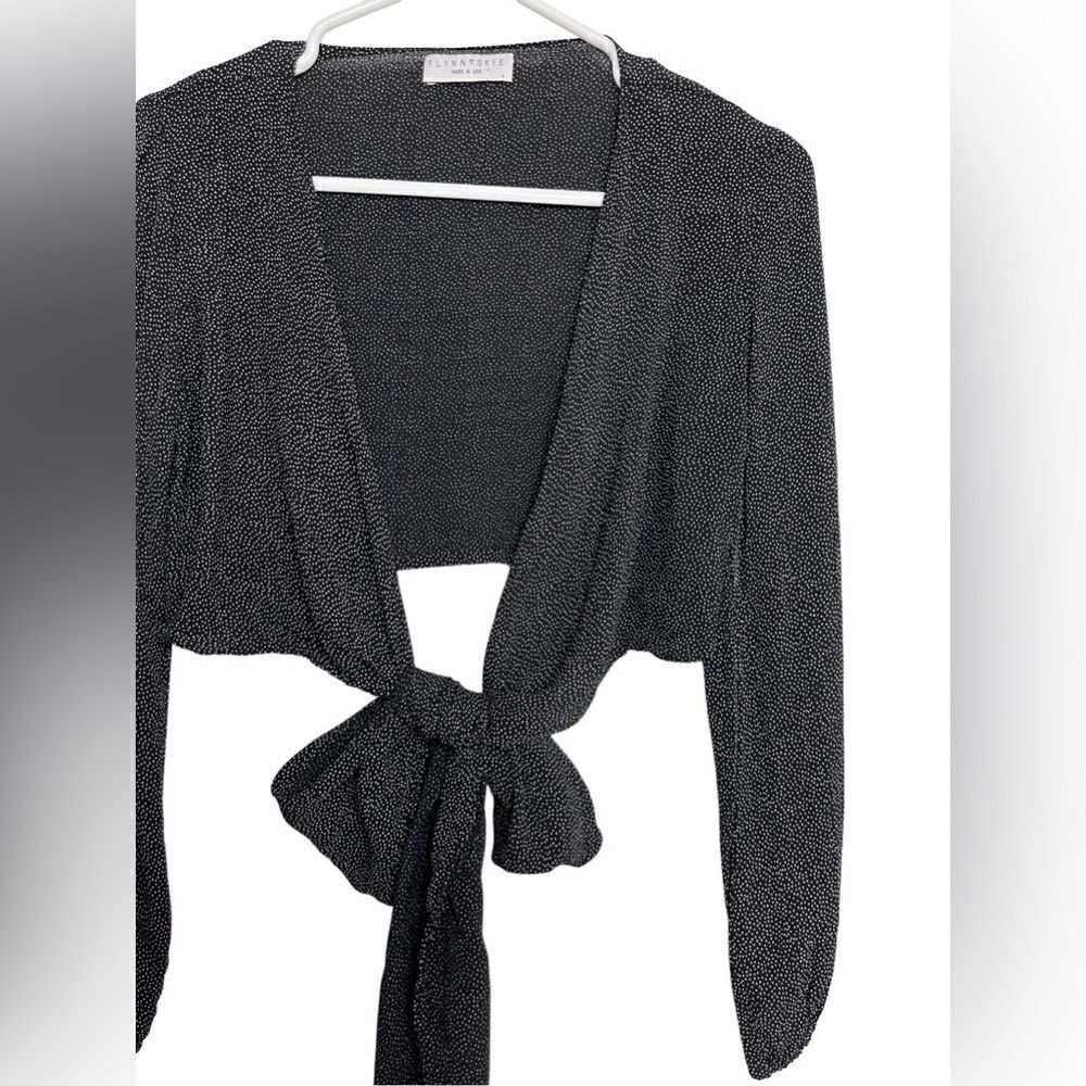 Flynn Skye Polka Dot Front Tie Cropped Long Sleeve Navy Blue & White Size Small